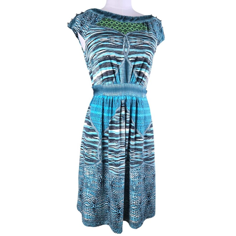 Beige by Eci Turquoise Black Fit Flare Dress 10 Designer Details Turquoise Black